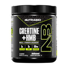 NutraBio Creatine + HMB powder bottle showcases the premium blend for muscle support.