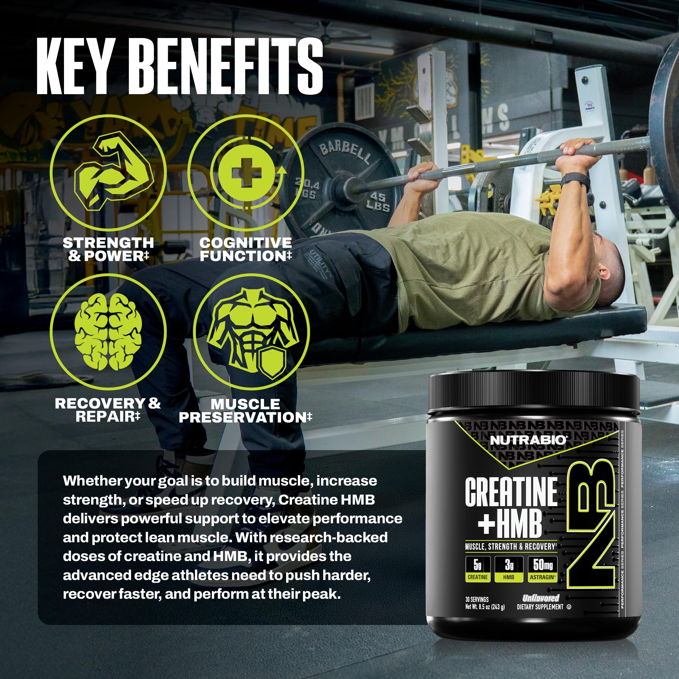 NutraBio Creatine + HMB powder label clearly lists ingredients and serving size.