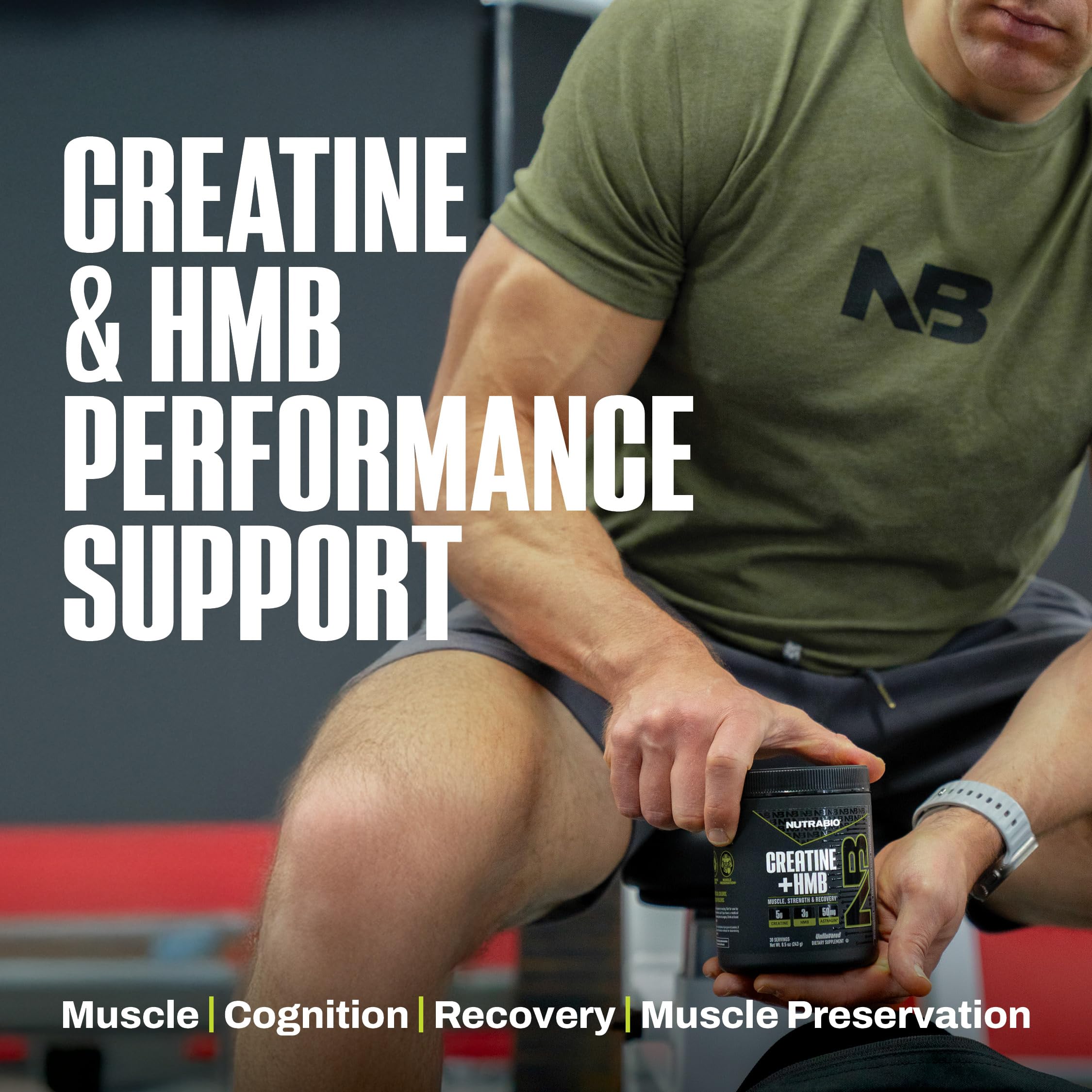 NutraBio Creatine + HMB powder packaging highlights quality and value.