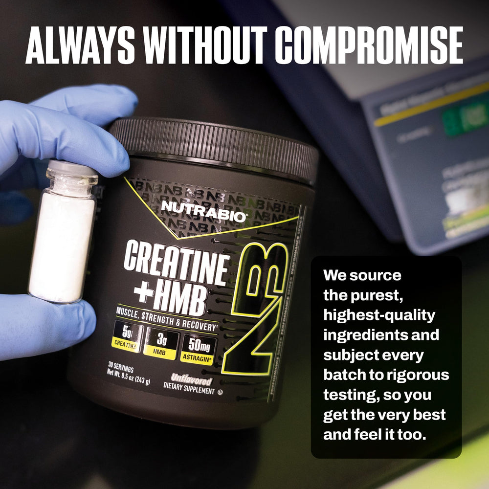 NutraBio Creatine + HMB powder serving scoop ready for a gym session.