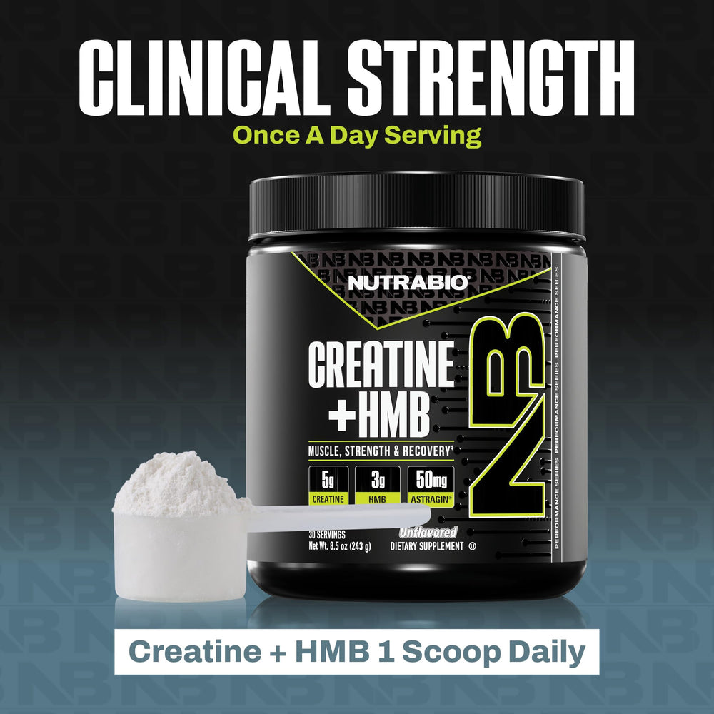 NutraBio Creatine + HMB powder being stirred into a shake for workouts.