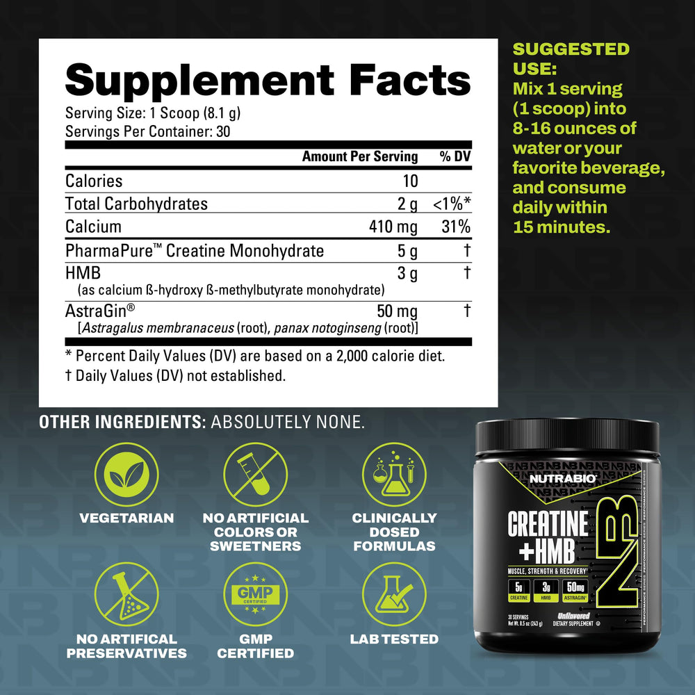 NutraBio Creatine + HMB powder texture close-up appears fine and mixable.