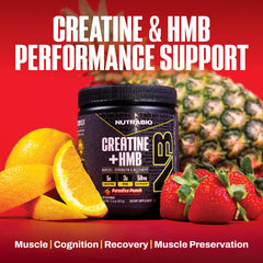 NutraBio Creatine + HMB shake/mixer scene for quick post-workout recovery.