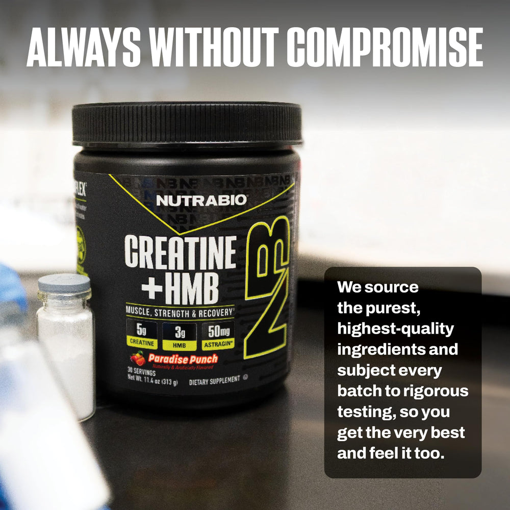 NutraBio Creatine + HMB shelf display showing cabinet-ready supplement.