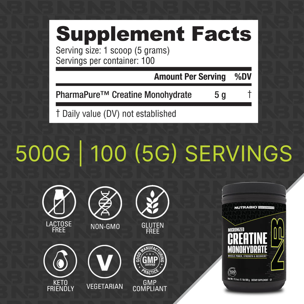 NutraBio Creatine Monohydrate powder jar shows texture ideal for quick mixing after workouts.