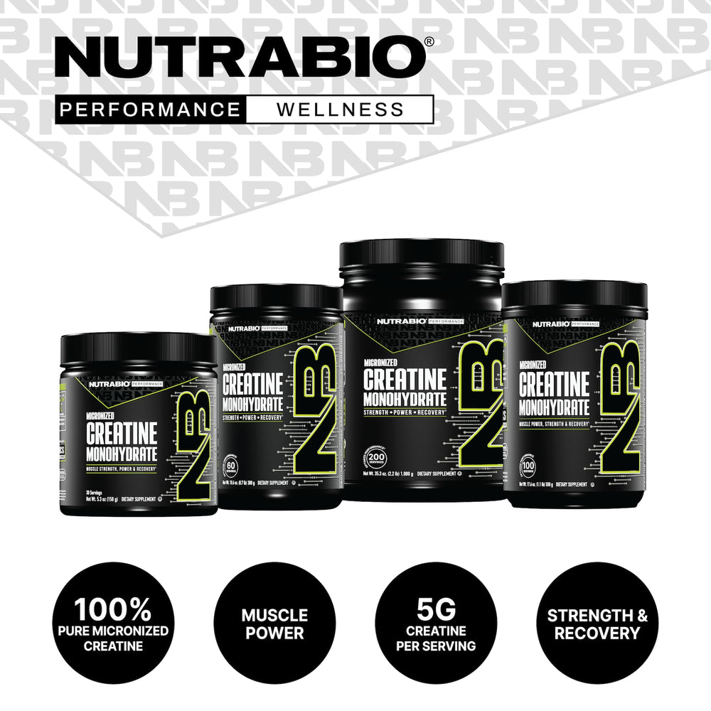 NutraBio Creatine Monohydrate label highlighting third-party testing and quality.