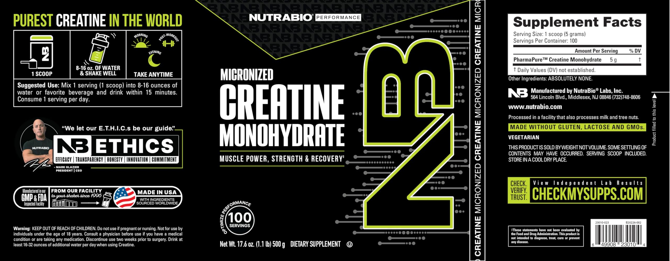 NutraBio Creatine monohydrate powder next to a glass for post-workout use.