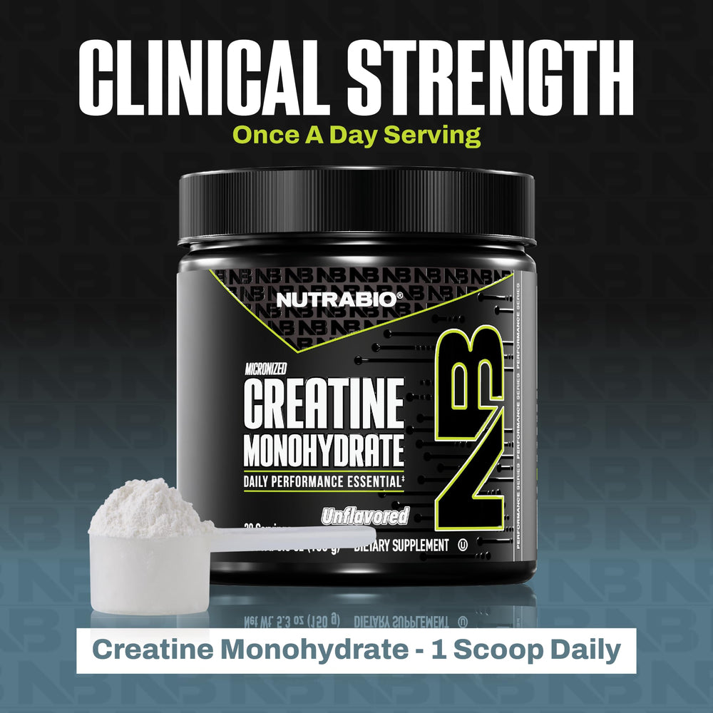 NutraBio gluten-free and non-GMO badges on creatine jar