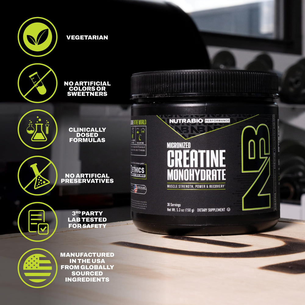 NutraBio creatine powder in a shaker for easy mixing