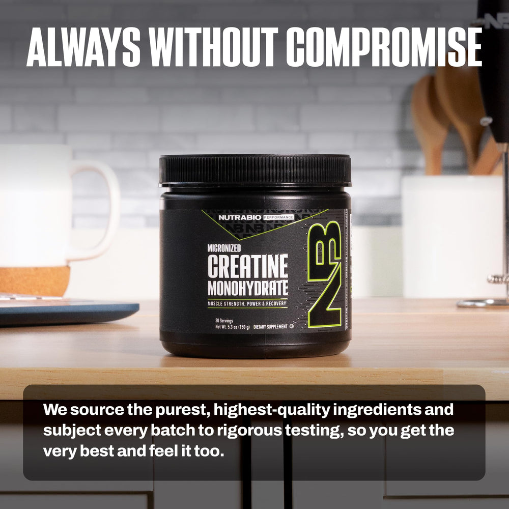 NutraBio creatine powder front view in a glass jar