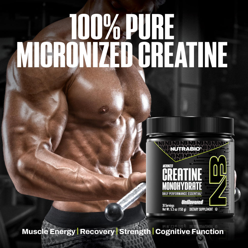 NutraBio creatine powder poured into a measuring spoon
