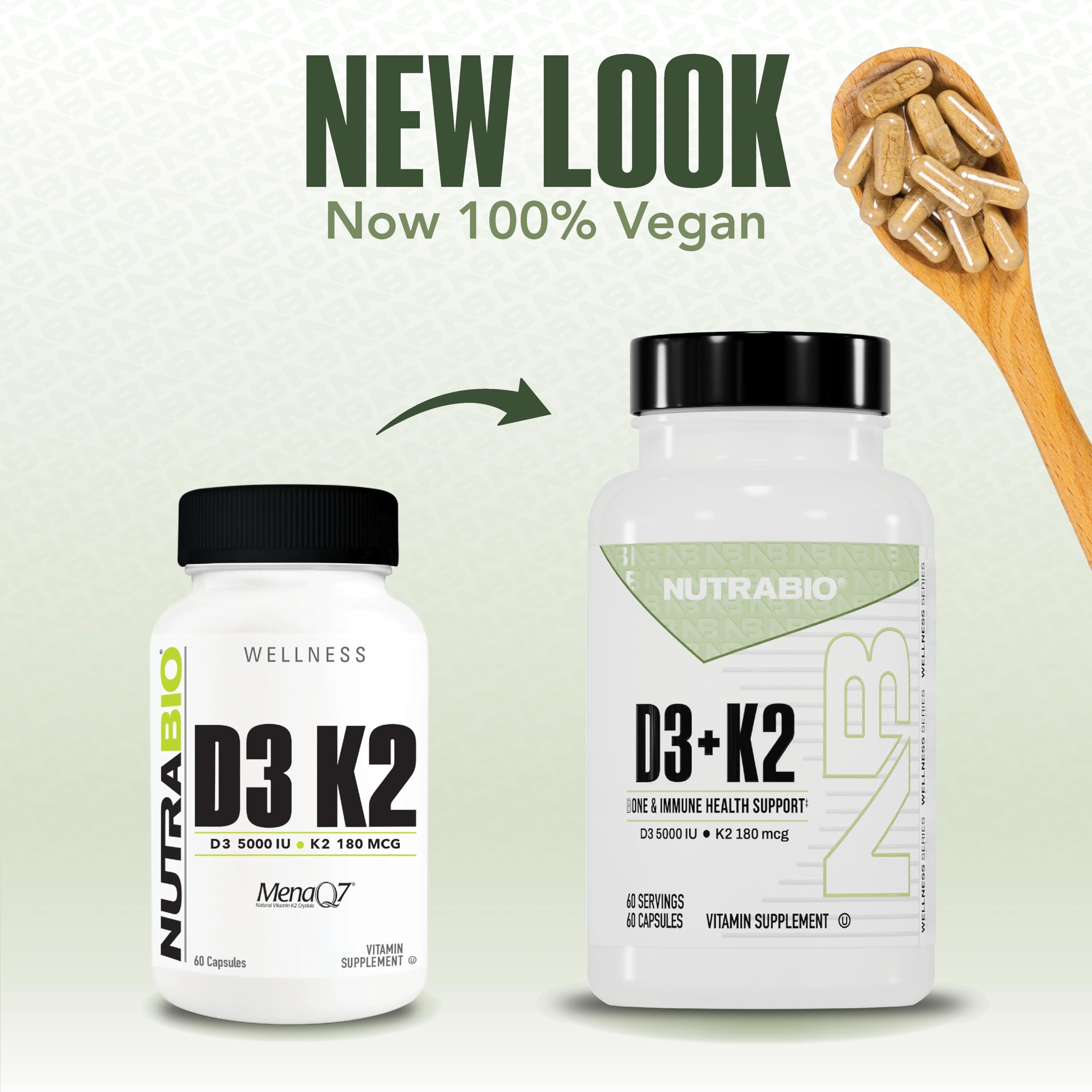 Close-up of NutraBio capsules highlighting non-GMO and gluten-free attributes
