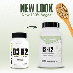 Close-up of NutraBio capsules highlighting non-GMO and gluten-free attributes