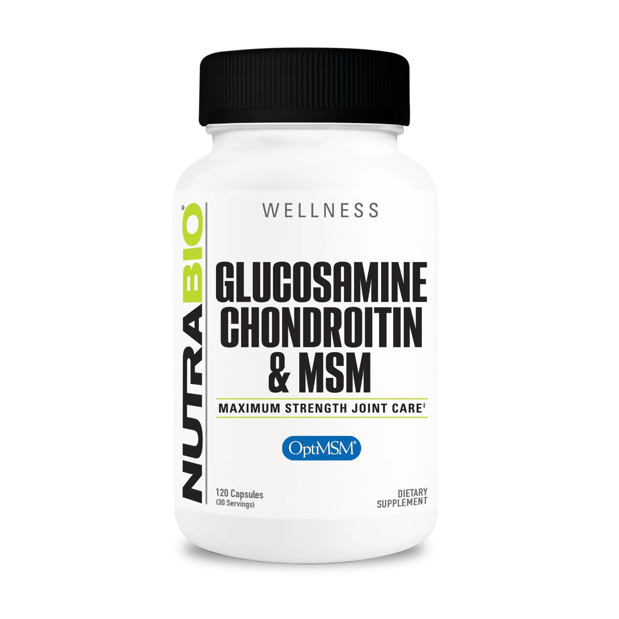 NutraBio glucosamine chondroitin MSM capsules bottle for joint support.