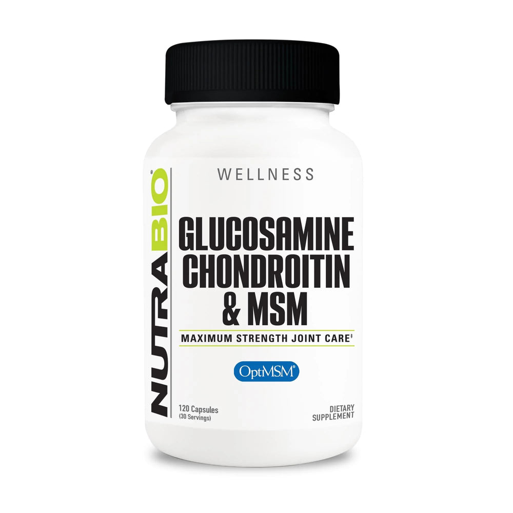 NutraBio glucosamine chondroitin MSM capsules bottle for joint support.