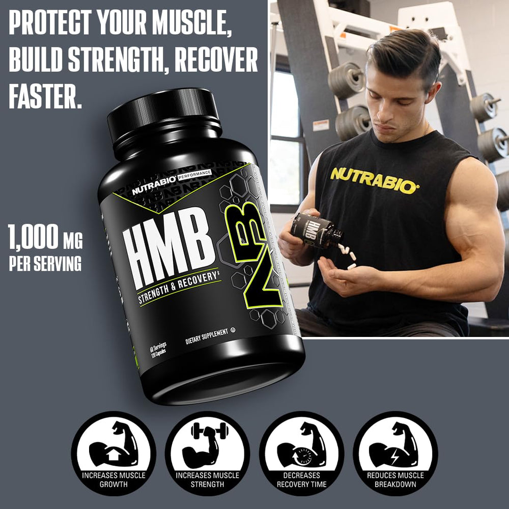 NutraBio HMB capsules close-up illustrating lean muscle support for training sessions.
