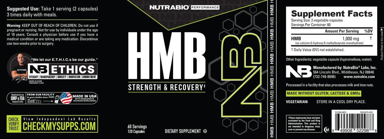 NutraBio HMB with creatine and beta-alanine stack illustration.