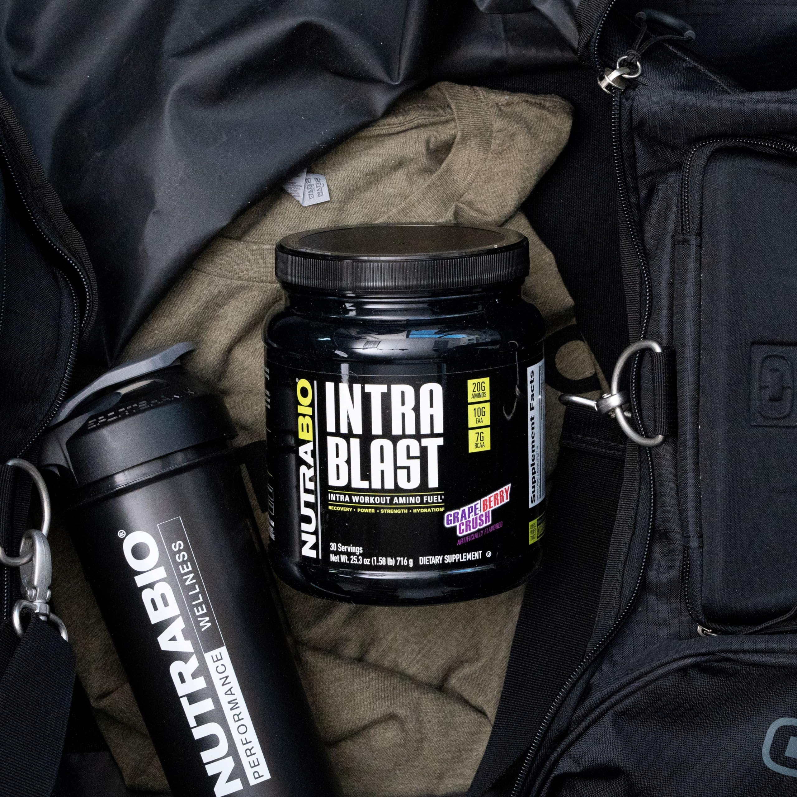 NutraBio Intra Blast label close‑up highlighting purity and vegan BCAAs