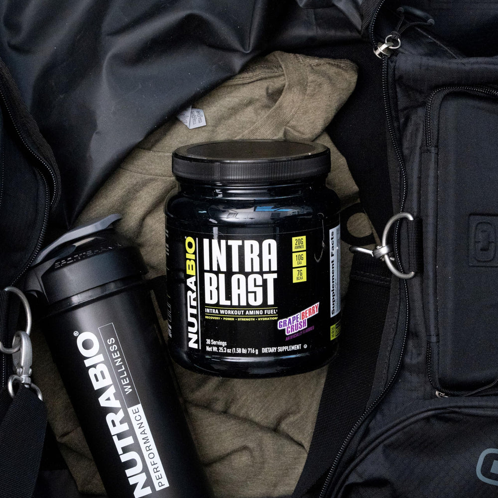 NutraBio Intra Blast label close‑up highlighting purity and vegan BCAAs