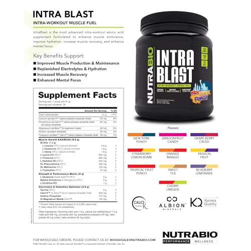 NutraBio Intra Blast packaging emphasizes fermented BCAAs and quality