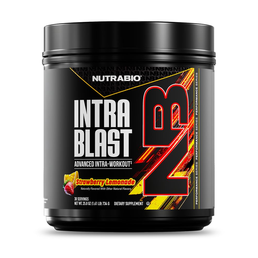 NutraBio Intra Blast strawberry lemonade powder for hydration during workouts.