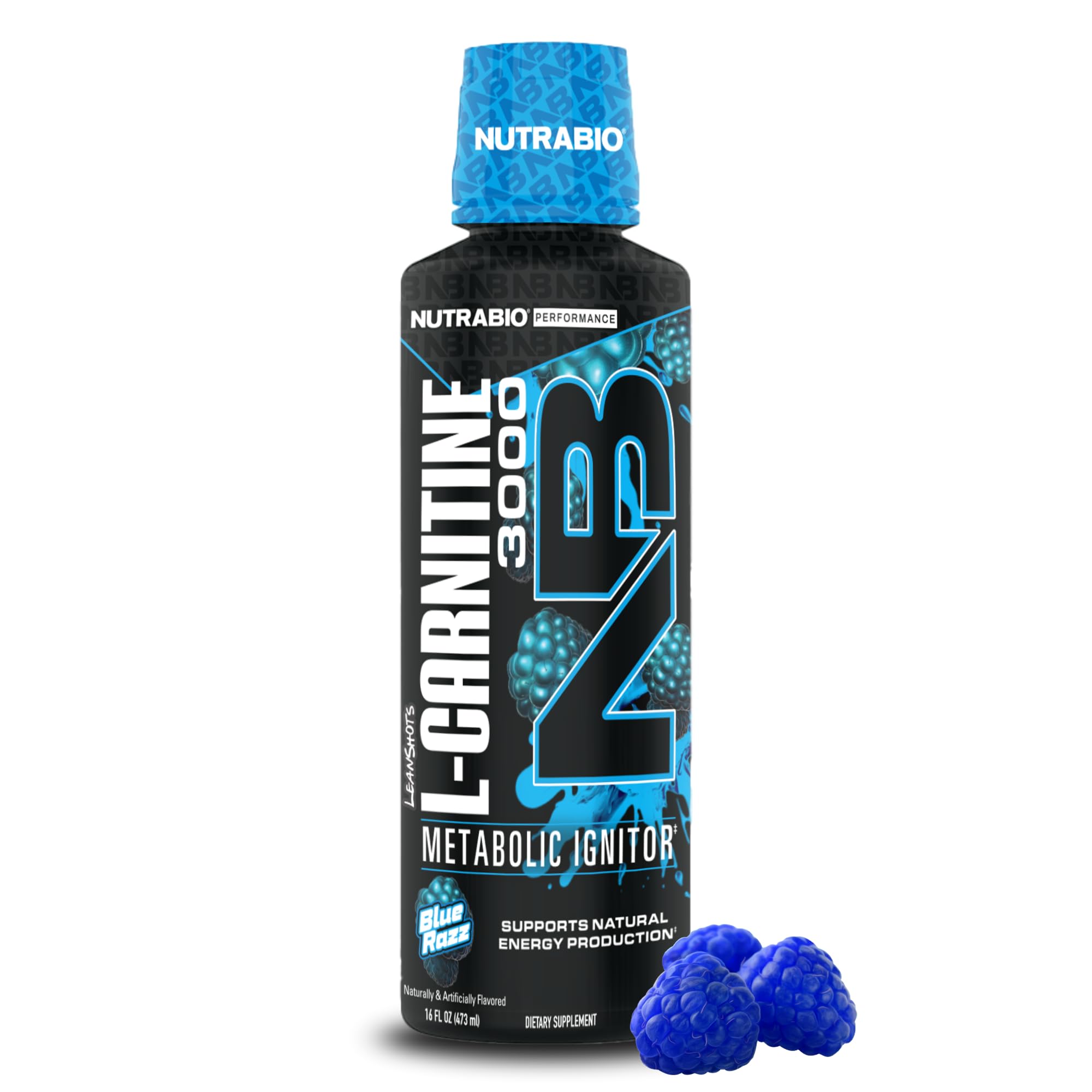 NutraBio L-Carnitine Liquid Shots bottle display showing 3000mg for energy support.