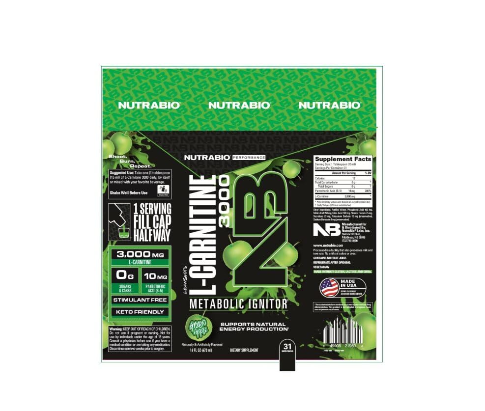 NutraBio L-Carnitine 3000mg bottle being poured highlights fast absorption potential.