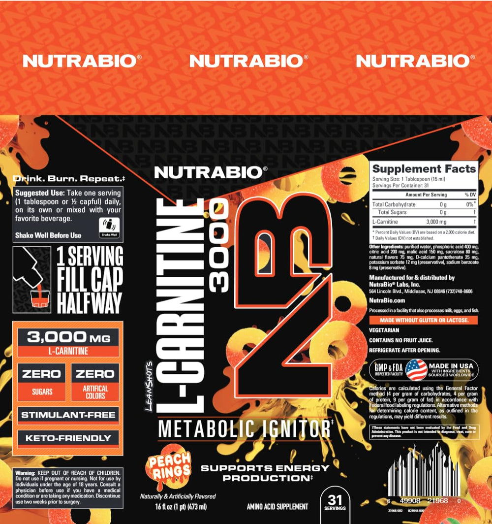 NutraBio L-Carnitine Liquid Shots fast absorption highlighted on bottle.