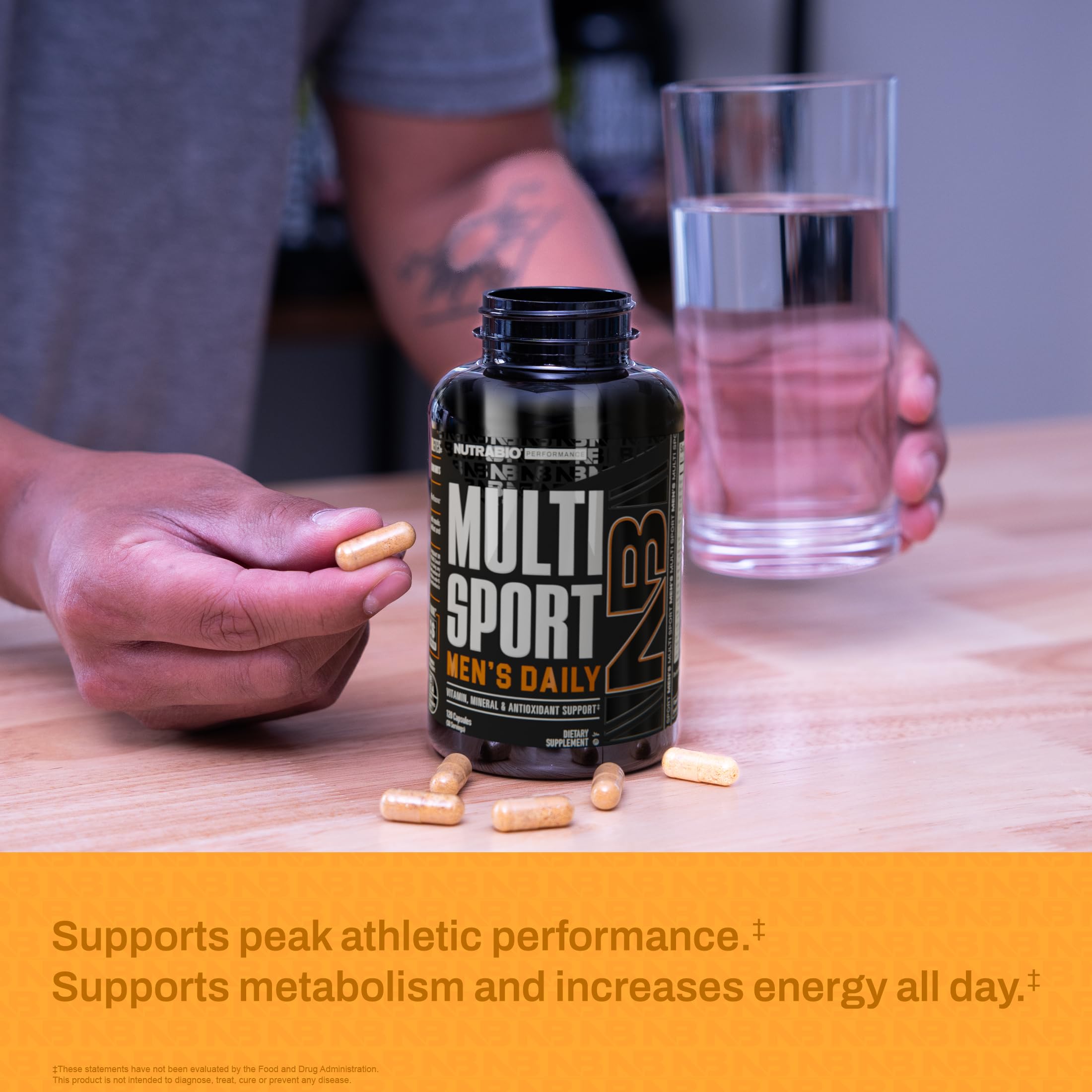 NutraBio Multisport B-Complex section highlighting energy-supporting vitamins during training.
