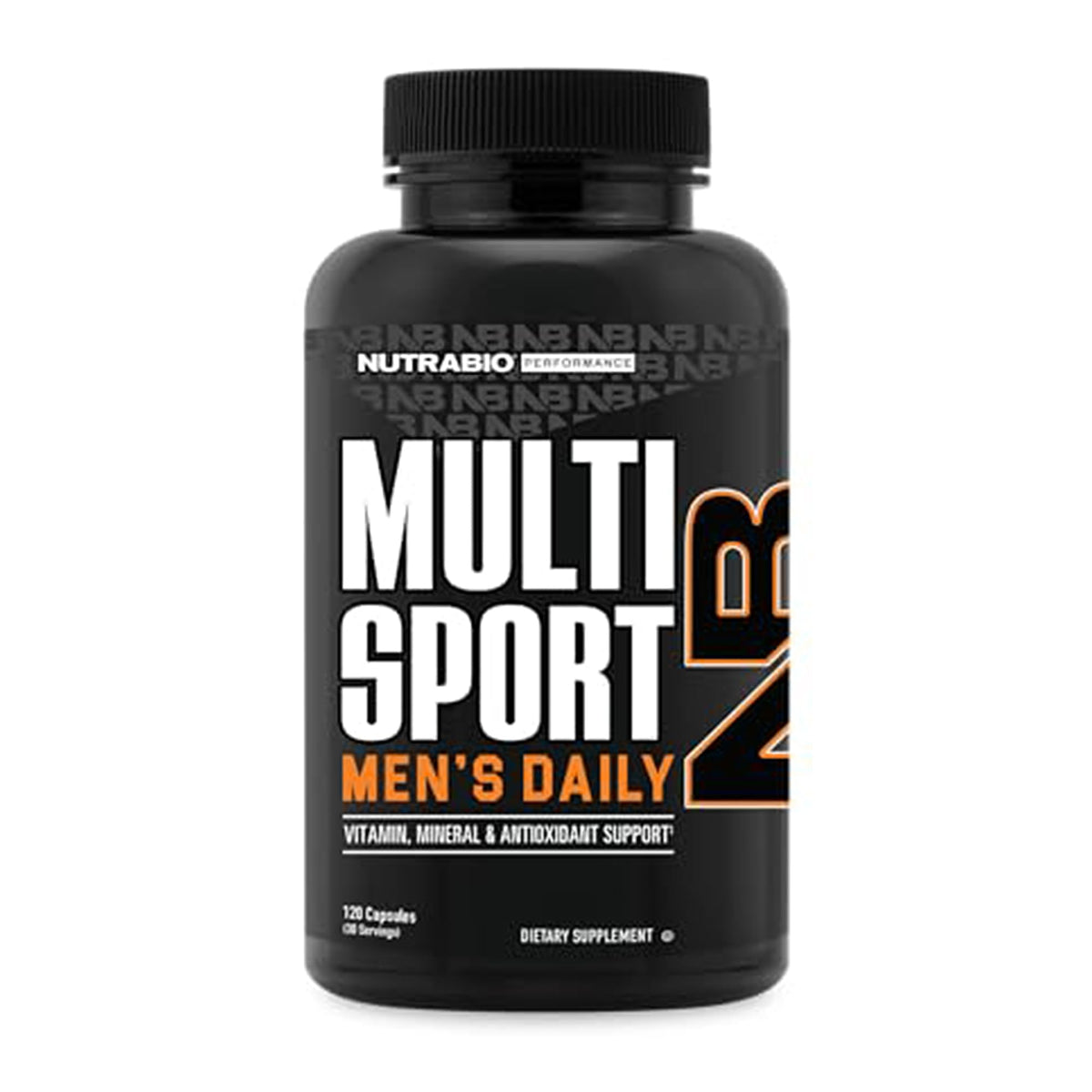 NutraBio Multisport bottle label close-up showing 33 nutrients for athletic support.