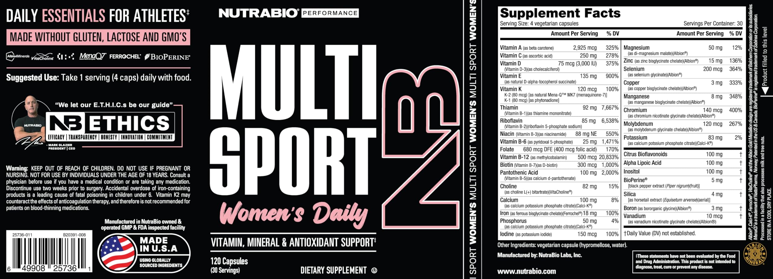 NutraBio Multisport Women label detail showcases product highlights