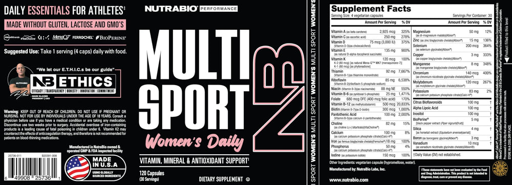 NutraBio Multisport Women label detail showcases product highlights