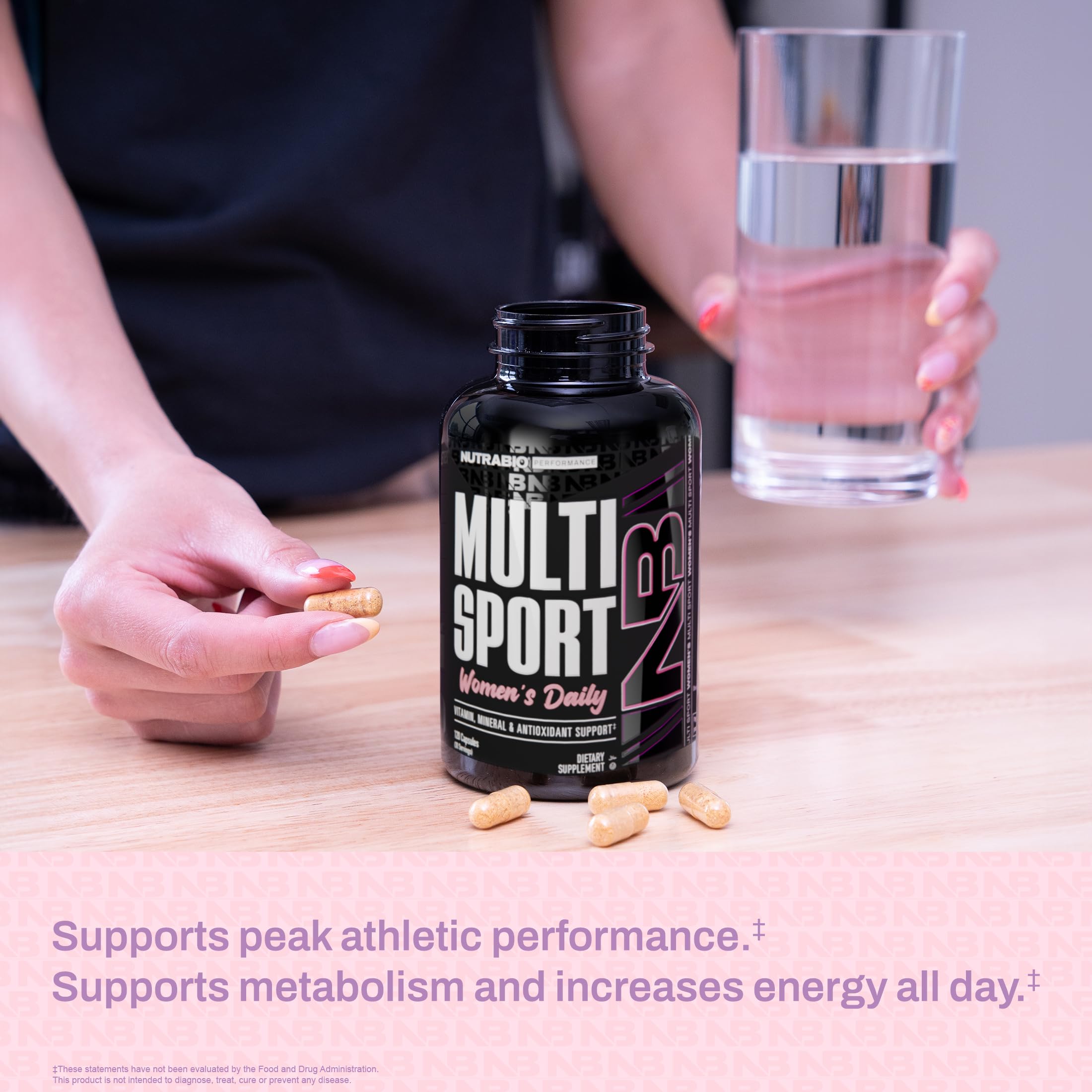 NutraBio Multisport Women packaging on desk ready for daily use