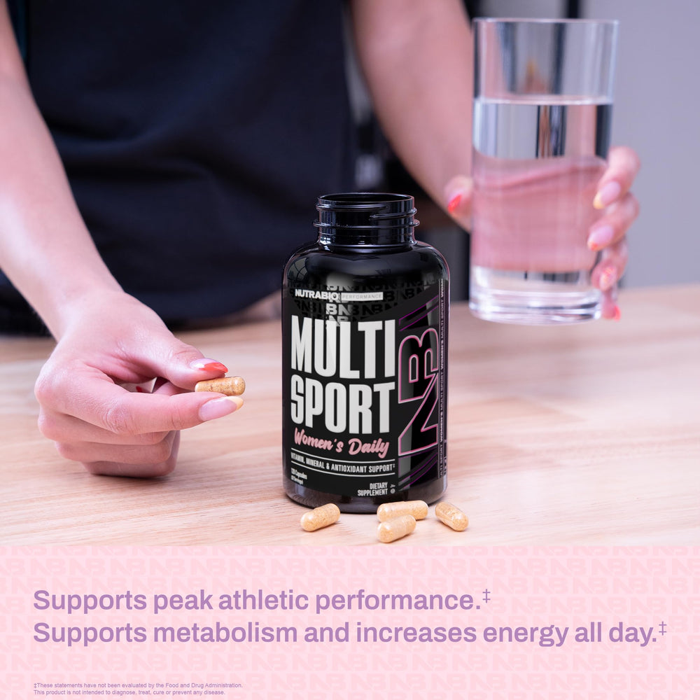 NutraBio Multisport Women packaging on desk ready for daily use