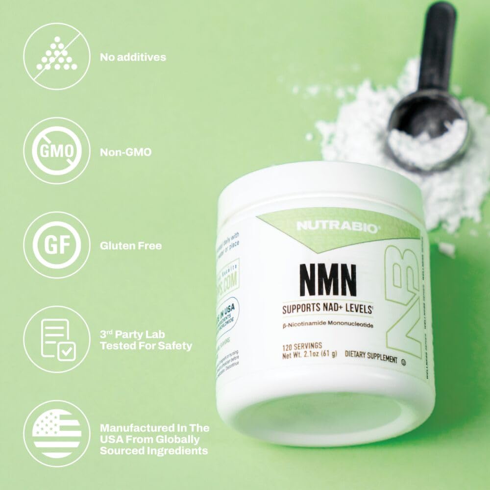 NutraBio NMN bottle with glass suggesting a hydration-friendly routine.
