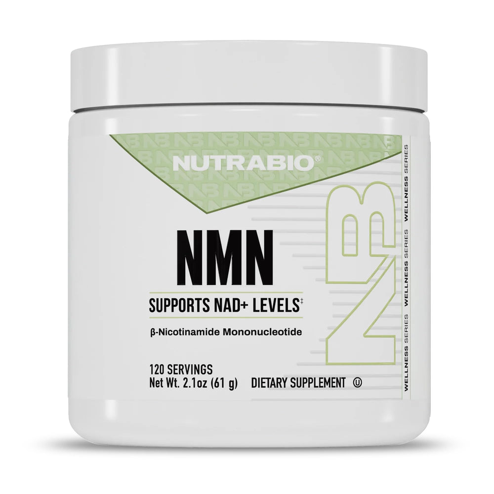 NutraBio NMN bottle with label showing 500 mg per serving for NAD+ support.