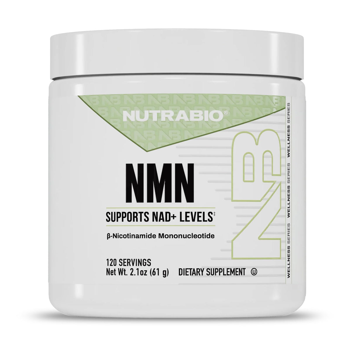 NutraBio NMN bottle with label showing 500 mg per serving for NAD+ support.