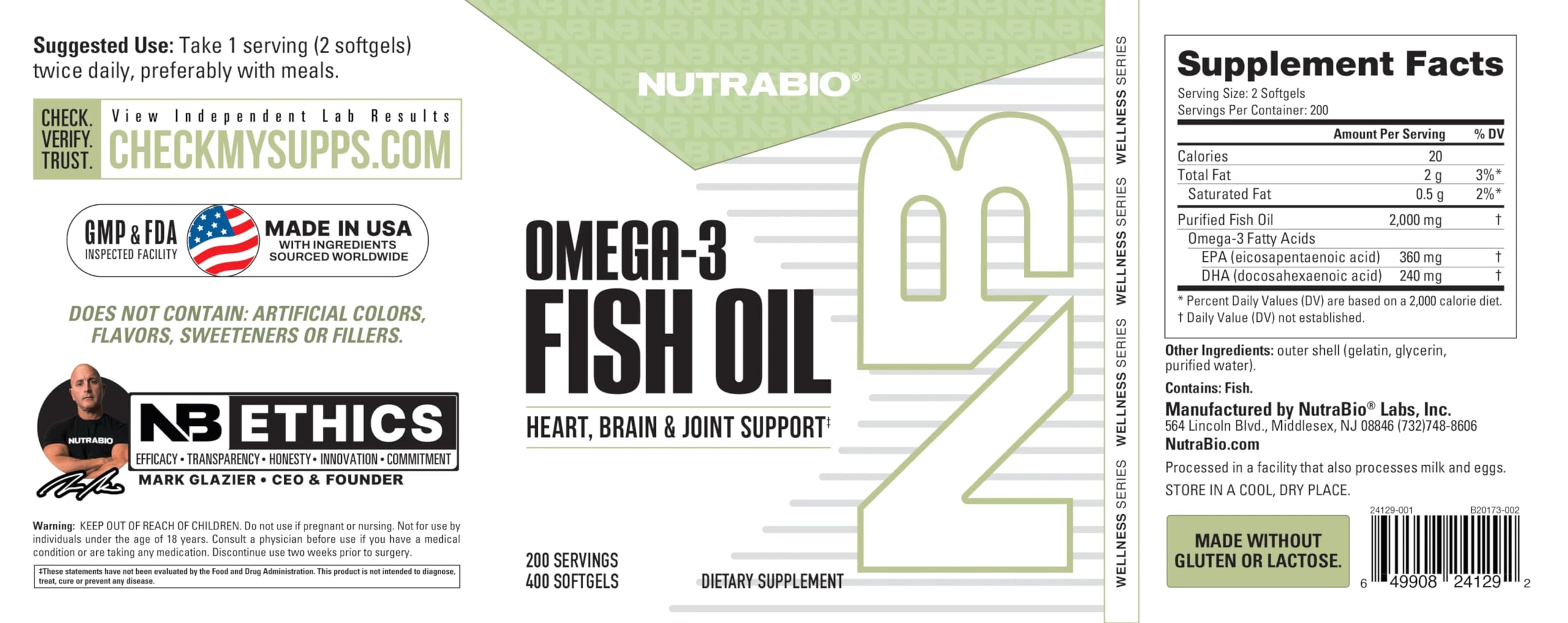 NutraBio Omega-3 label with nutrition facts for transparent details