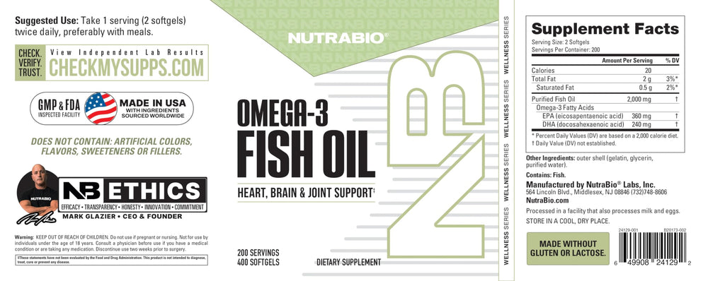 NutraBio Omega-3 label with nutrition facts for transparent details