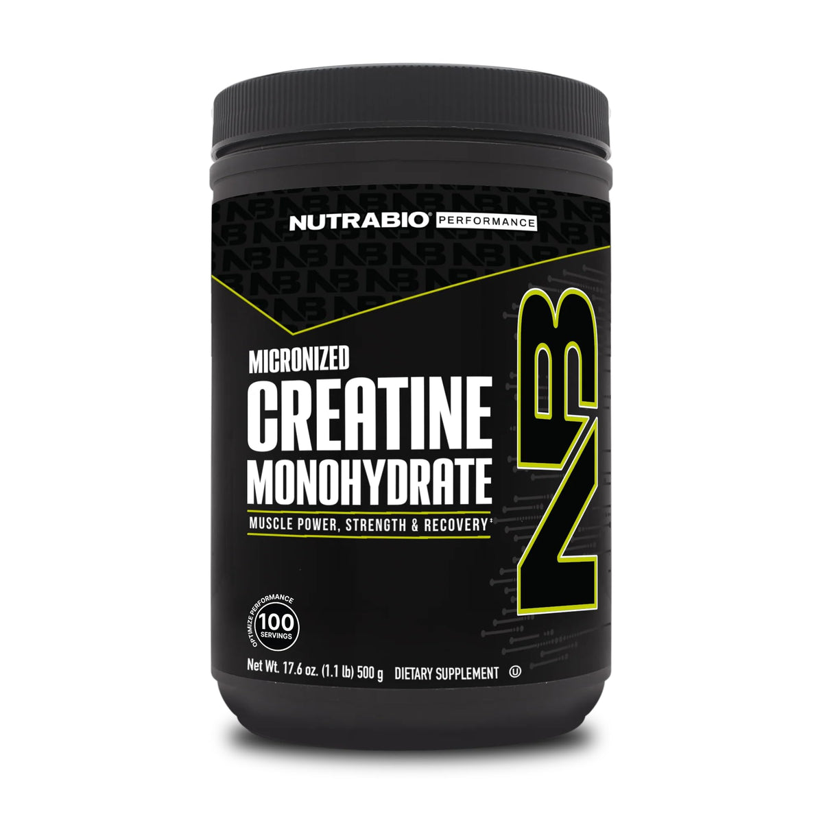 NutraBio Pure Creatine Monohydrate bottle close-up highlighting micronized formula for energy and recovery.