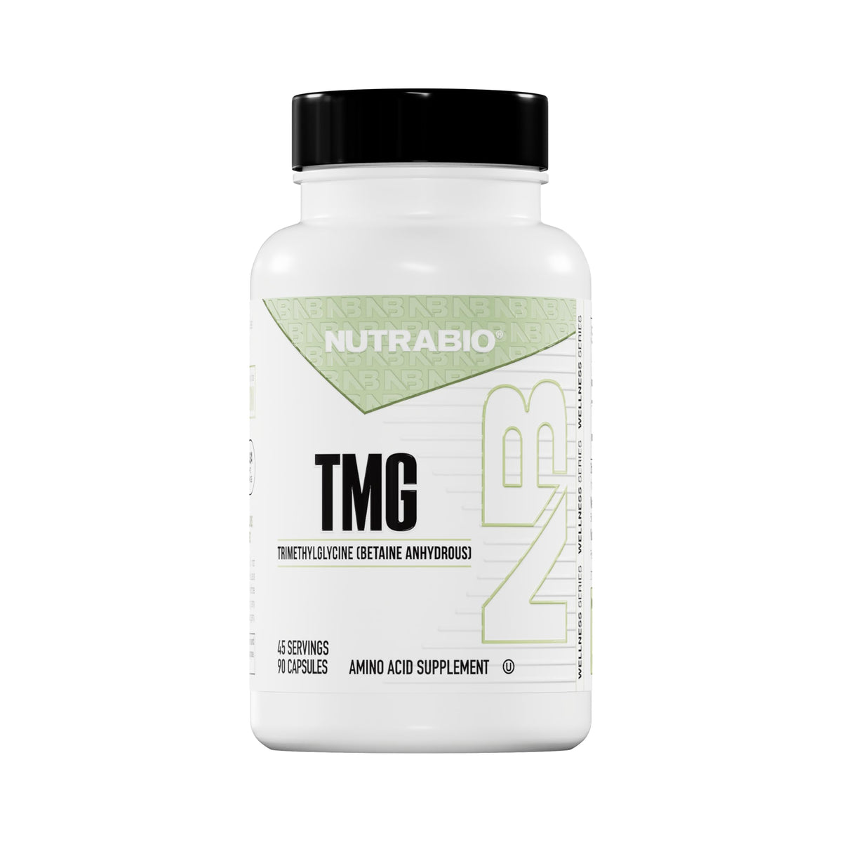 NutraBio TMG bottle with capsules showing a clean label for methylation support.