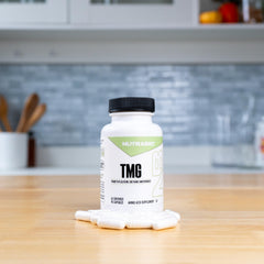 NutraBio TMG capsules side view, convenient 500 mg daily dose for routines.