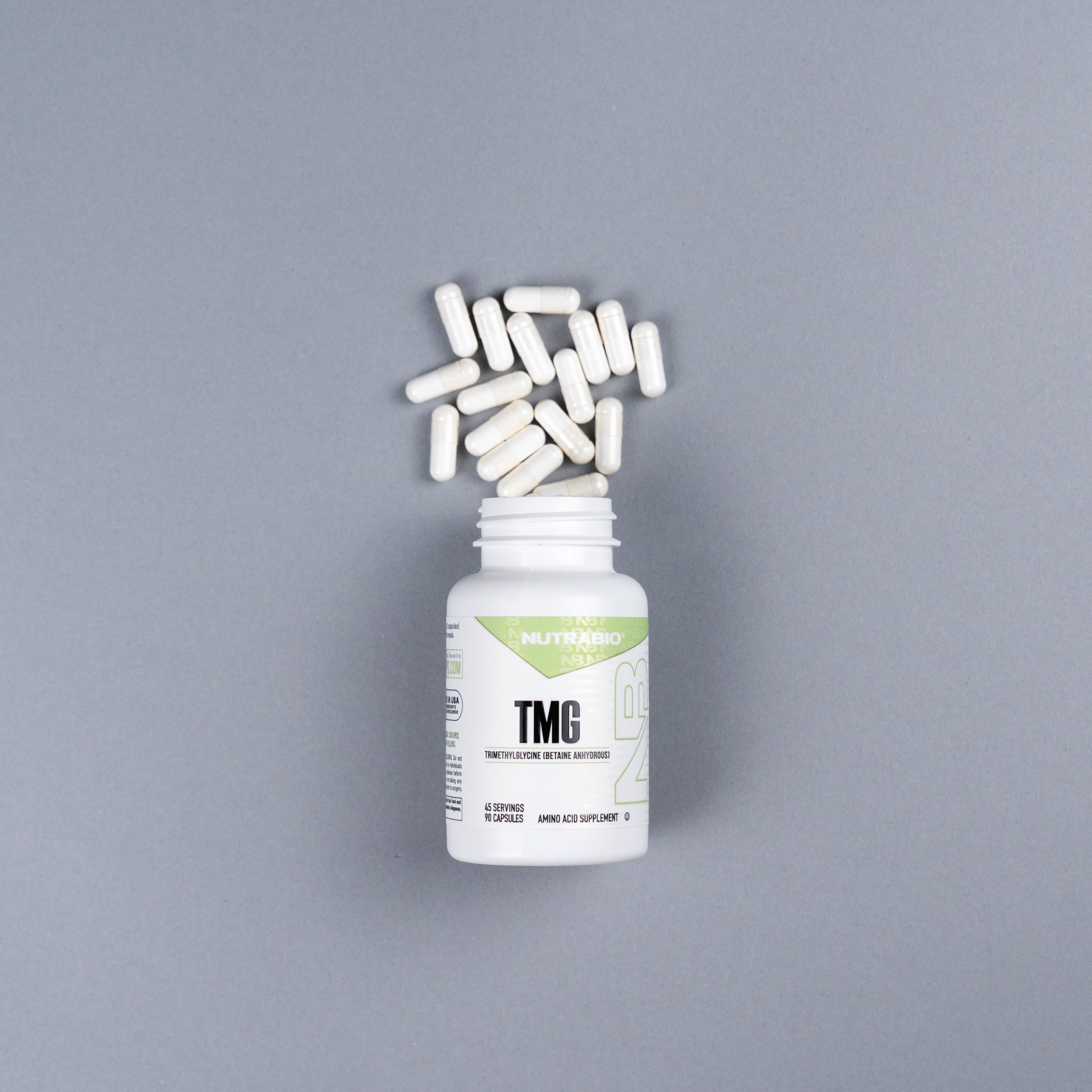 NutraBio TMG label close-up shows transparent third-party tested quality.