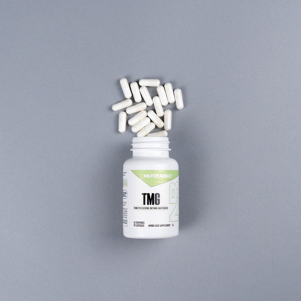 NutraBio TMG label close-up shows transparent third-party tested quality.