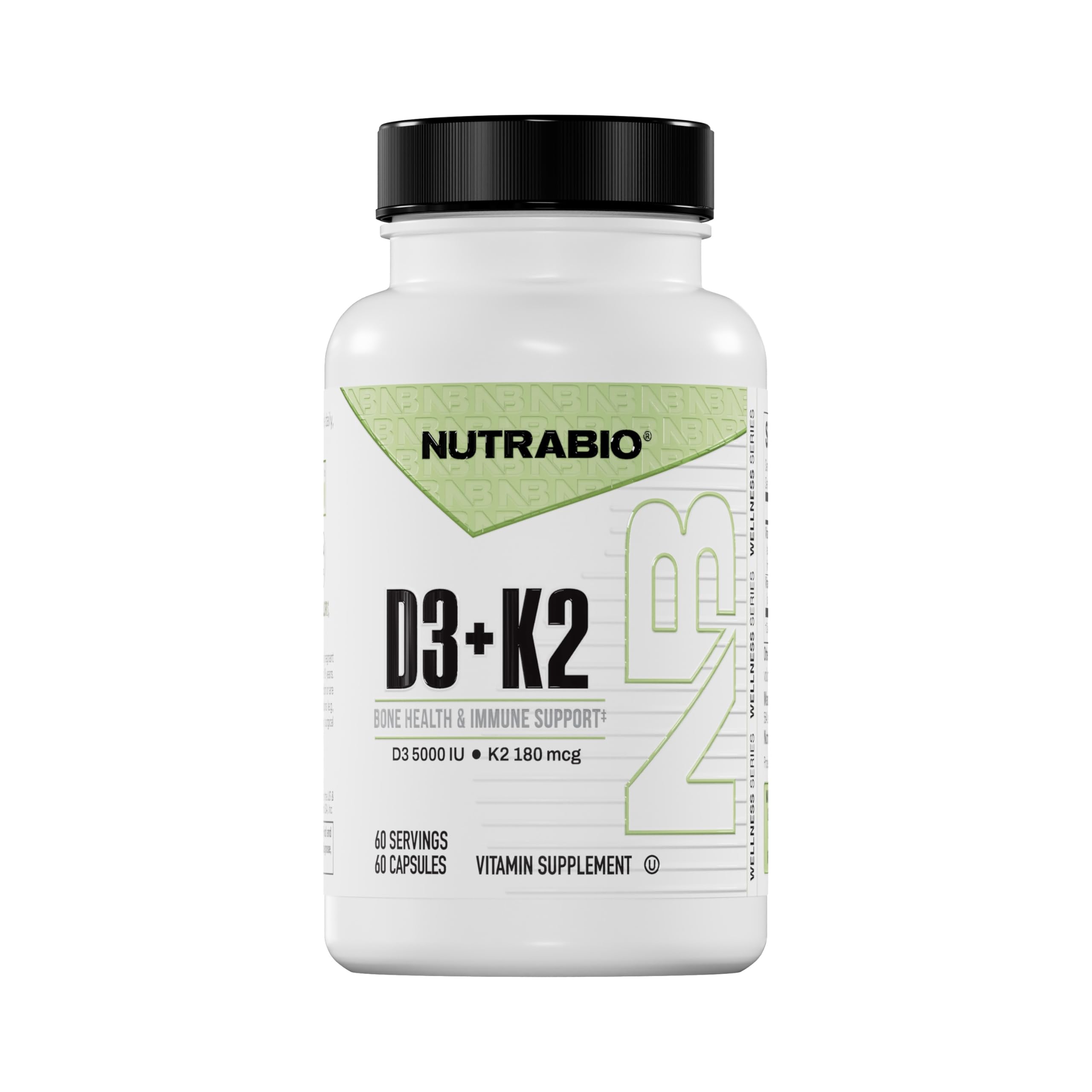 NutraBio D3 K2 bottle label showing 5000 IU D3 and MK7 potency for bone support