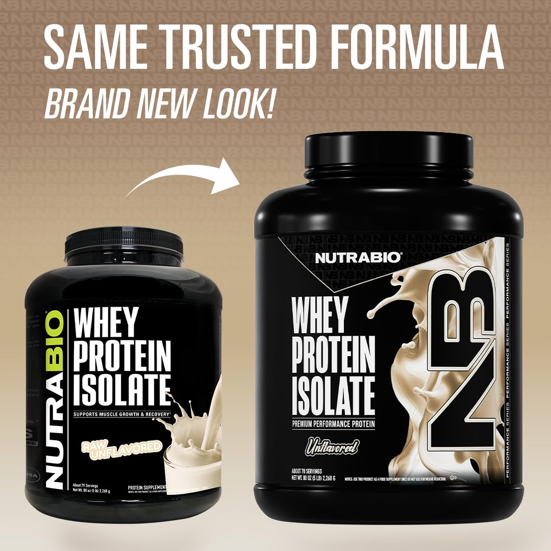 NutraBio whey isolate scoop showing 25g protein per serving.