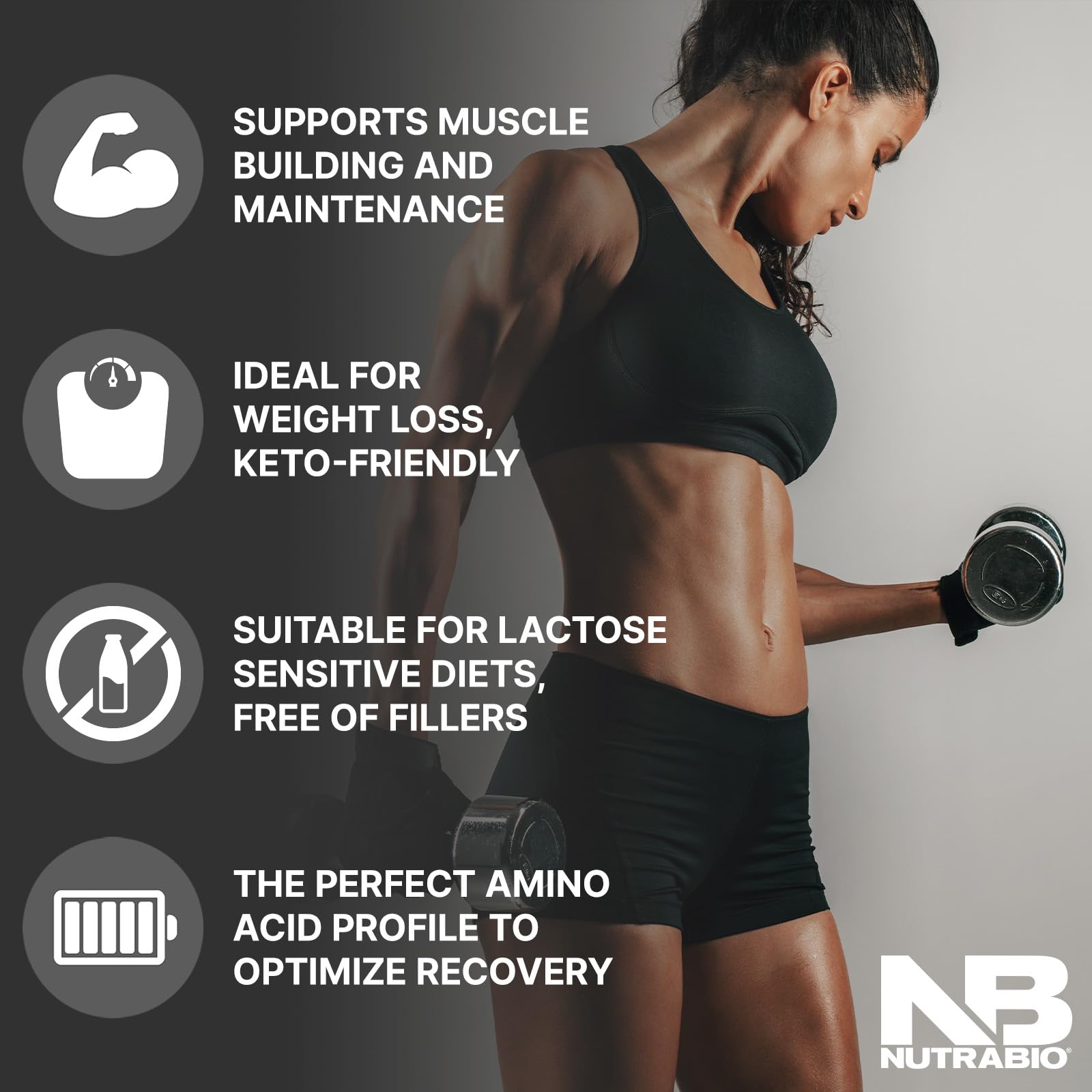 NutraBio Whey Isolate label closeup highlights non GMO gluten and soy free profile