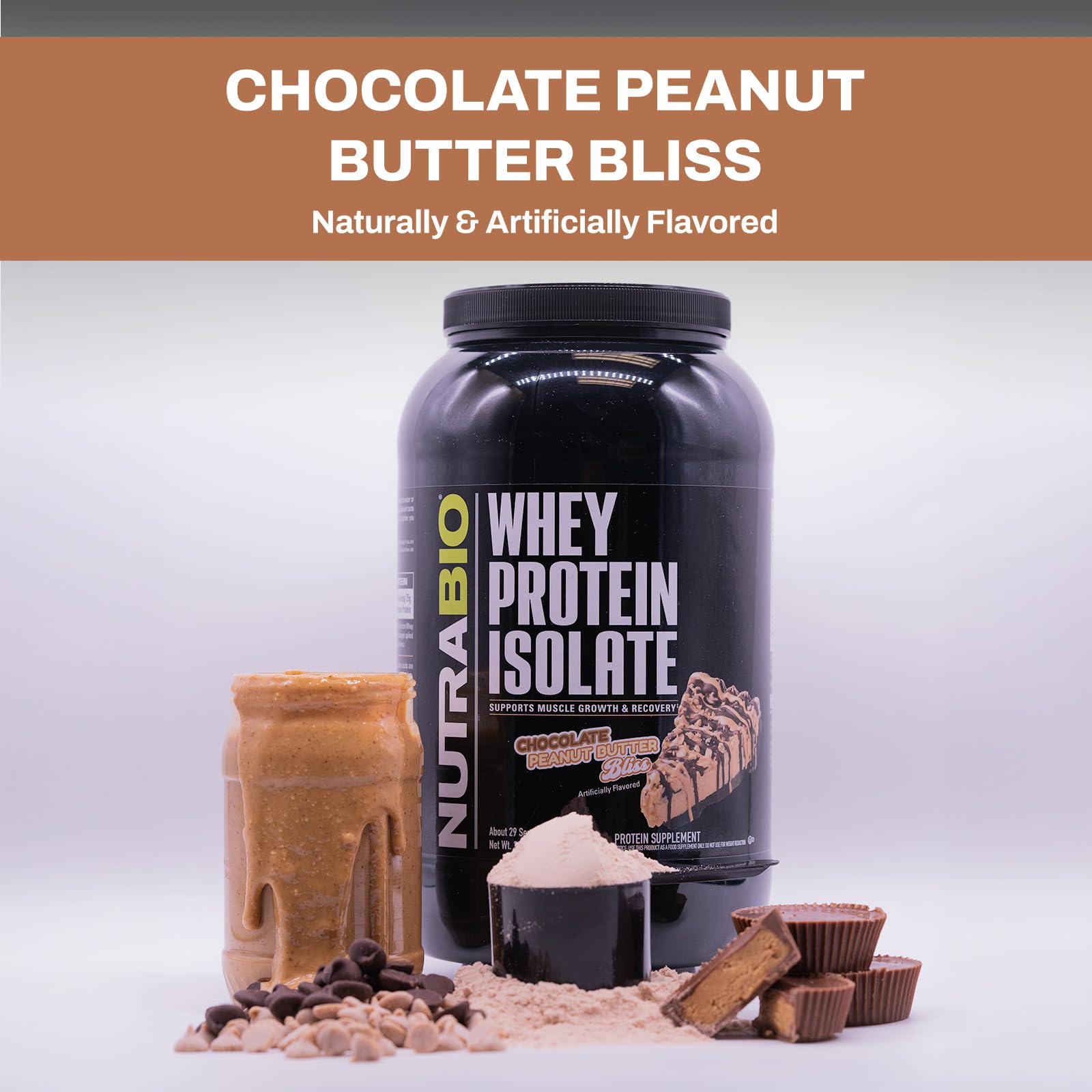 NutraBio Whey Isolate scoop illustrates quick ingredient loading for shakes