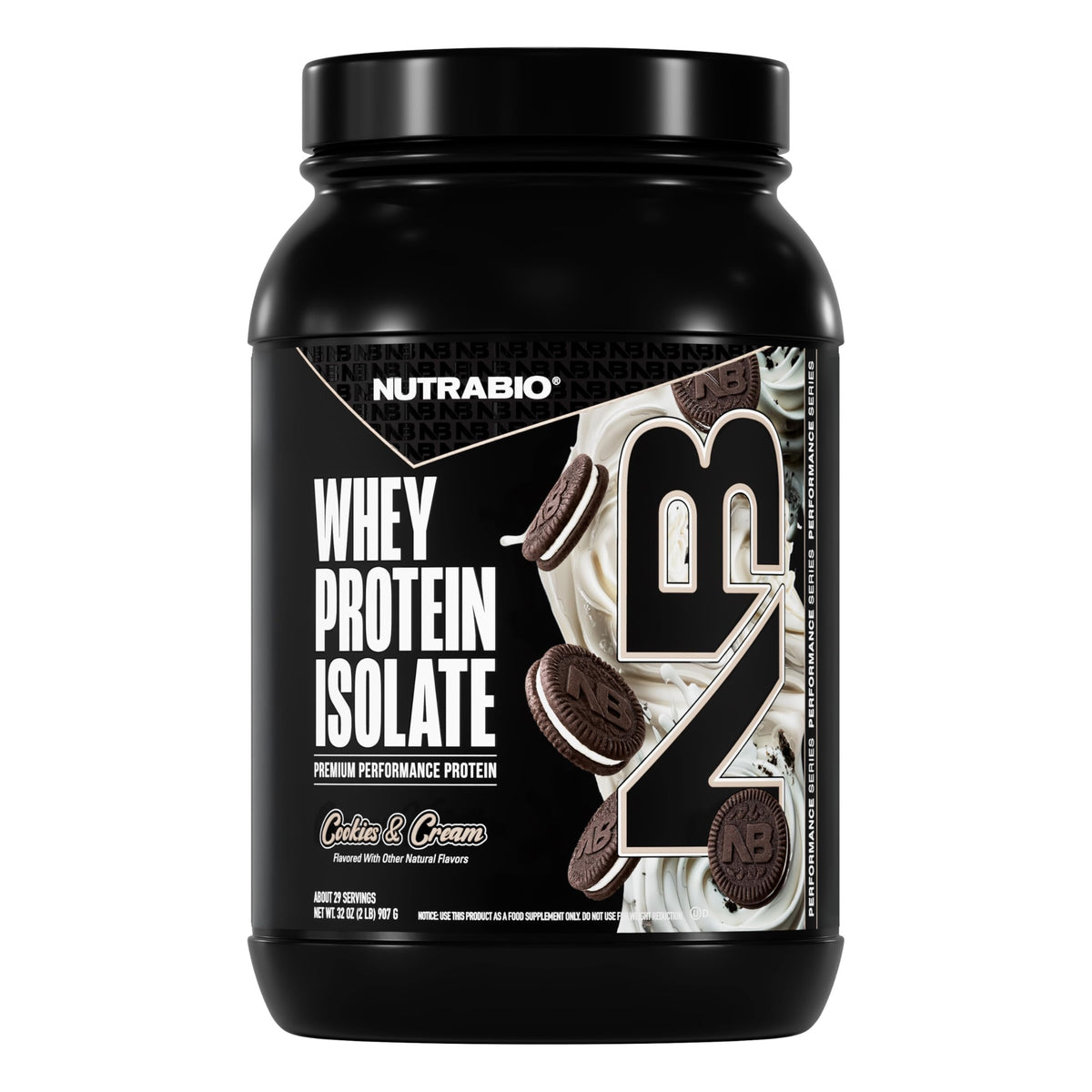 NutraBio Whey Isolate Cookies & Cream tub showing 25g protein per serving for post-workout fueling