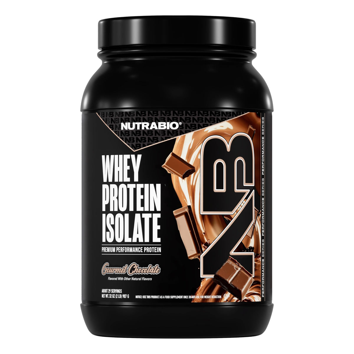 NutraBio Whey Isolate Gourmet Chocolate bag shows high-protein nutrition for workouts
